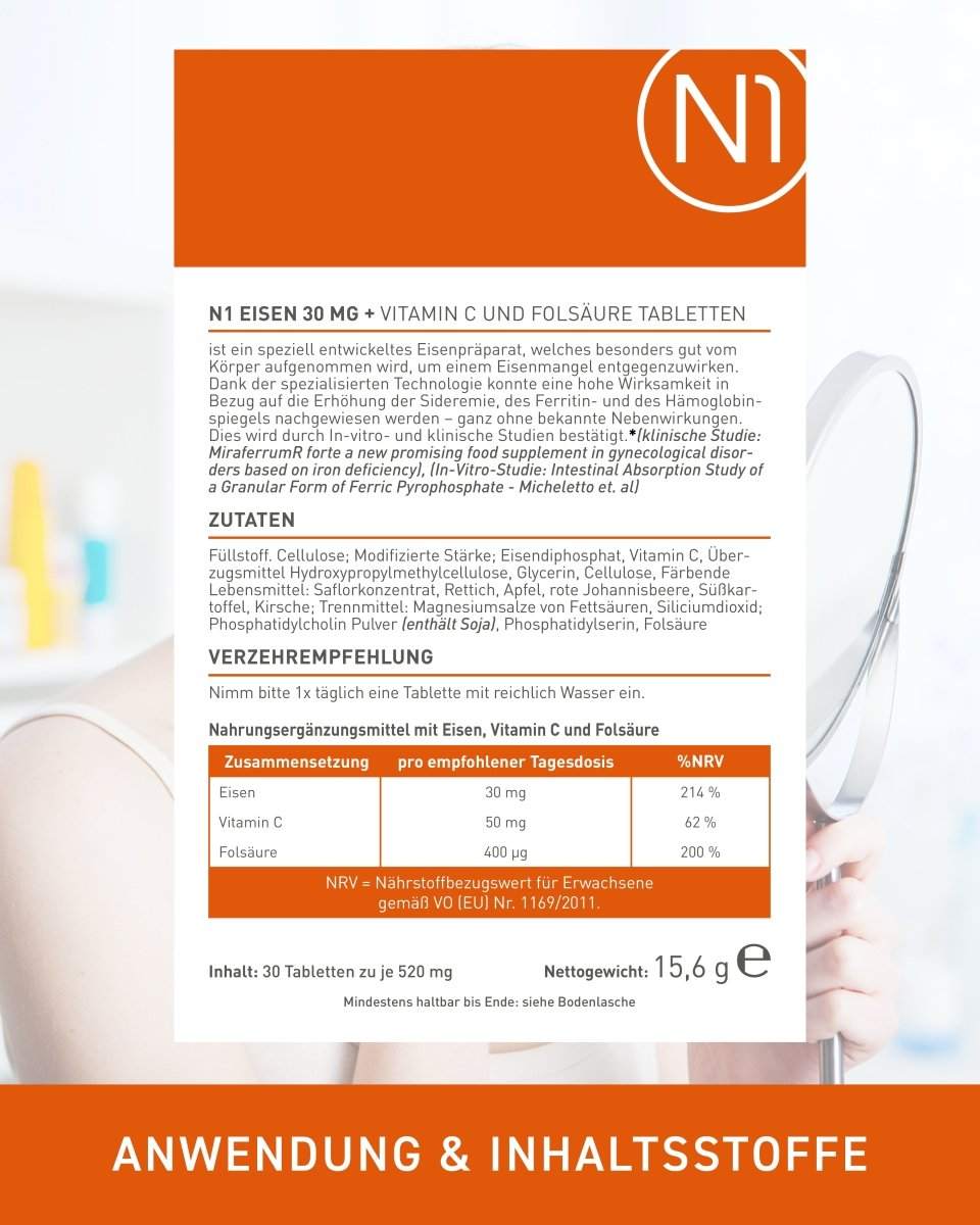 N1 Eisen + Vitamin C Tabletten mit Phosphosome-Technologie für optimale Eisenaufnahme und Energie.