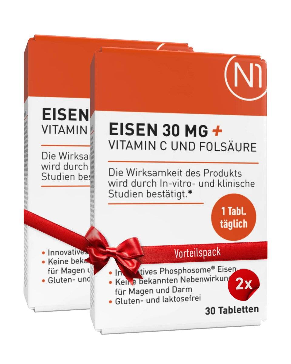 N1 Eisen + Vitamin C und Folsäure Tabletten, hochdosiert, vegan, frei von Gluten und Laktose, 2 x 30 Tabletten.