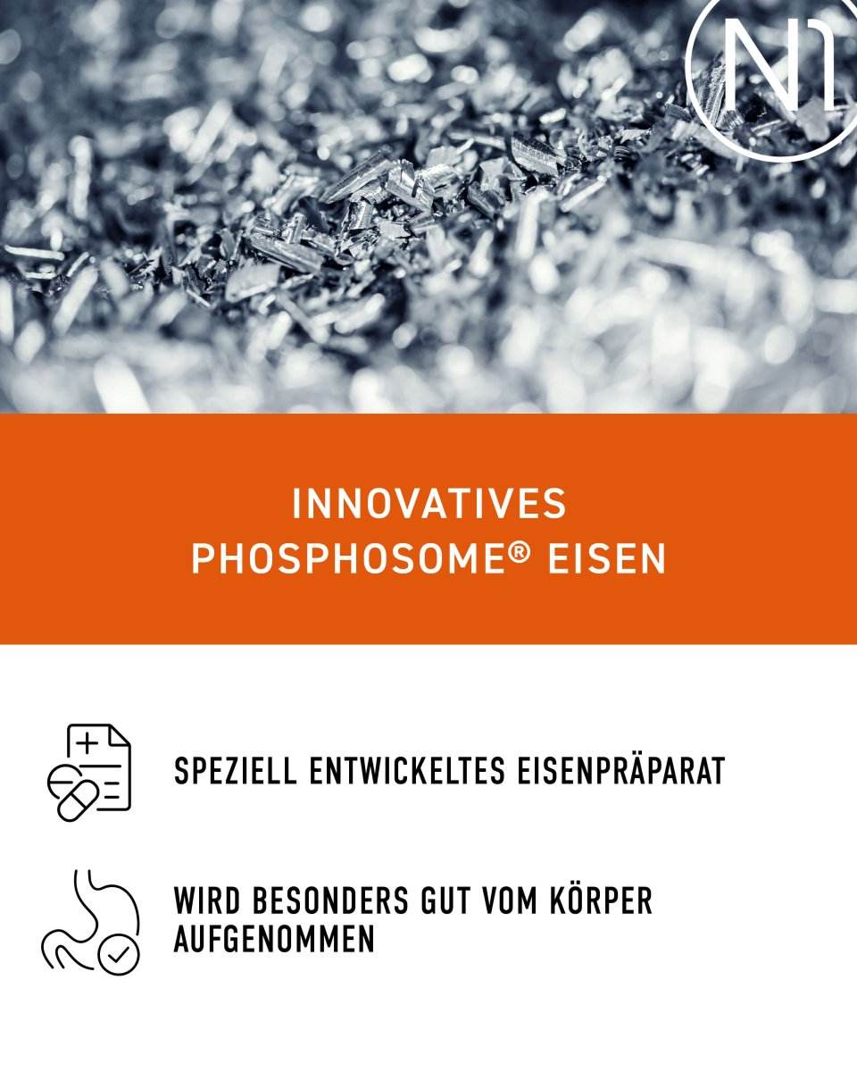 Innovatives N1 Eisenpräparat mit Phosphosome-Technologie, fördert Eisenaufnahme, enthält Vitamin C und Folsäure.