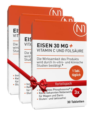 N1 Eisen + Vitamin C und Folsäure, 3 x 30 Tabletten Packung mit patentierter Phosphosome-Technologie für optimale Eisenaufnahme.