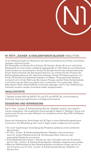 N1 Fett-, Zucker- & Kohlenhydrate Blocker Tabletten mit gratis Multivitamin, 180 Stück.