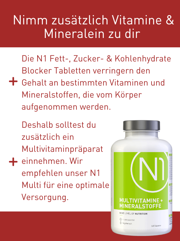 N1 Fett-, Zucker- & Kohlenhydrate Blocker mit Multivitamin, 180 Tabletten, Nahrungsergänzung.