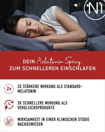 N1 Melatonin Schlaf Spray, klinisch bewährte Wirksamkeit, schnelleres Einschlafen, stärkere Wirkung, erholsamer Schlaf.