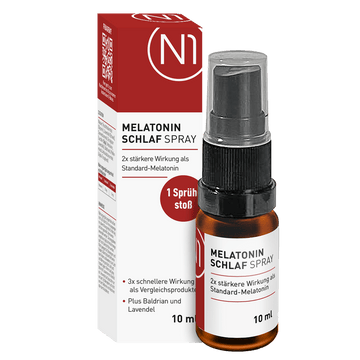 N1 Melatonin Spray, 10 ml Flasche und Verpackung, Schlafmittel mit Melatonin, Baldrian, Lavendel, schneller Wirkung.