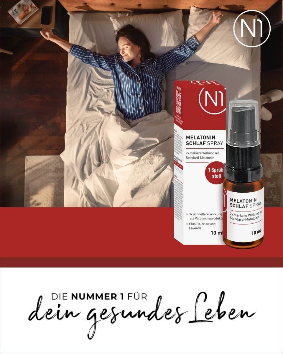 N1 Melatonin Schlafspray 30 ml Flasche und Verpackung mit Melatonin, Baldrian und Lavendel.