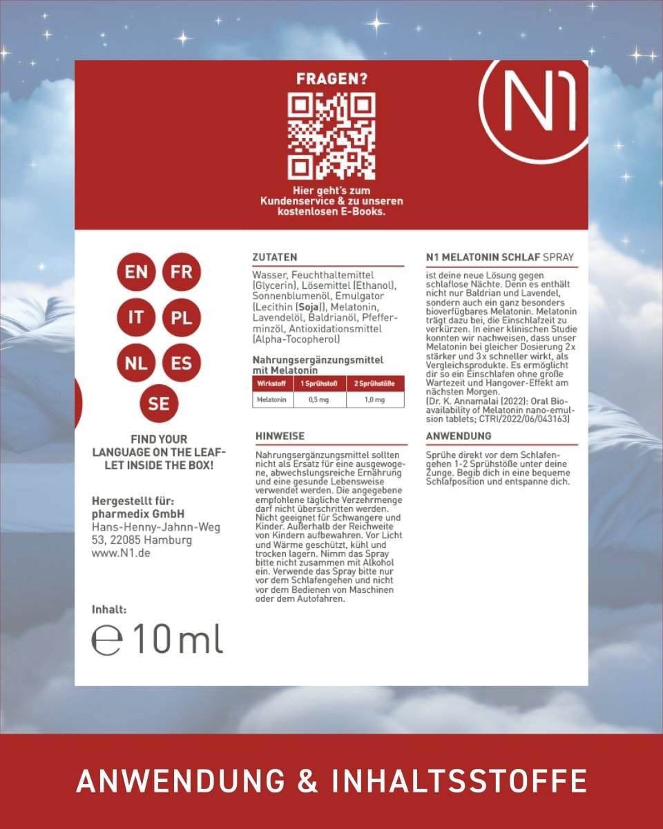 N1 Melatonin Schlaf Spray, Packung mit 50ml Flasche, Anwendungshinweise und Inhaltsstoffe, Schlafhilfe.