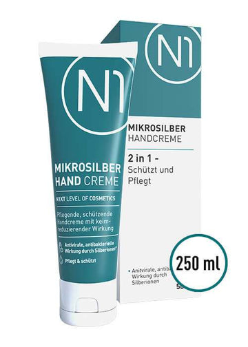 N1 Mikrosilber Handcreme 250ml Tube mit antiviraler und feuchtigkeitsspendender Wirkung.