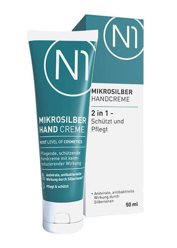 N1 Mikrosilber Handcreme 50ml Tube und Verpackung, antibakteriell, feuchtigkeitsspendend, ideal für trockene Hände, inklusive Desinfektionseffekt.