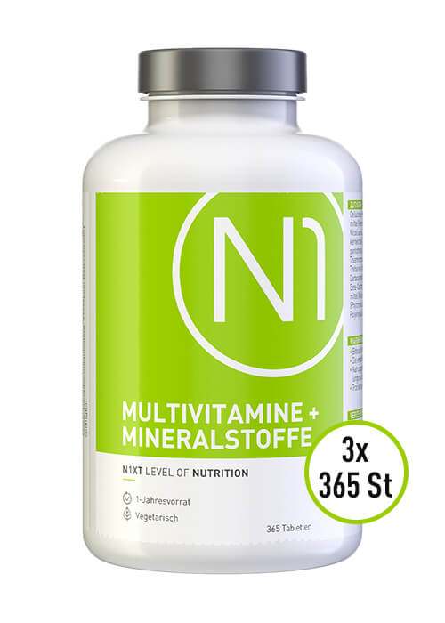 N1 Multivitamin hochdosiert, 3x365 Tabletten in grüner Dose, für Vegetarier geeignet, deutsche Apothekenqualität.