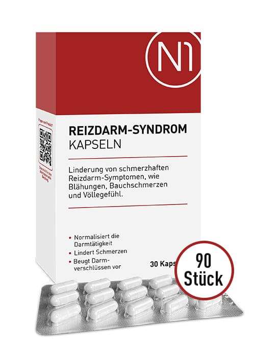 N1 Reizdarm Kapseln, 90 Stück, zur Linderung von Reizdarm-Symptomen wie Blähungen und Bauchschmerzen, deutsche Apothekenqualität.