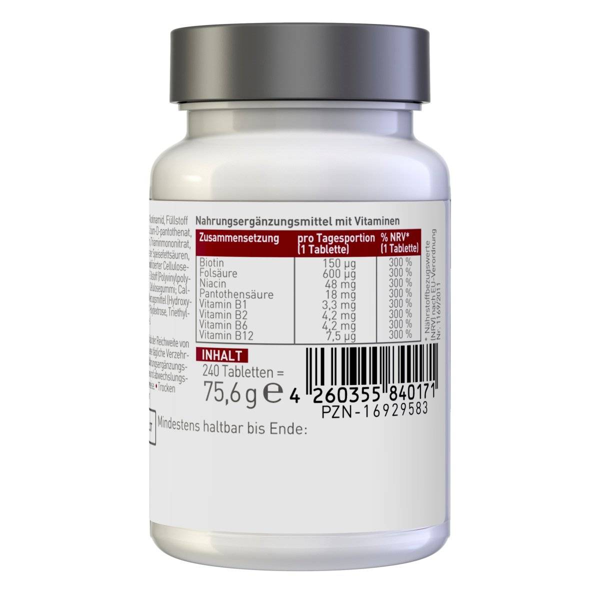 N1 Vitamin B Komplex, 240 vegane Tabletten, hochwertige Nahrungsergänzung, alle 8 B-Vitamine, Apothekenqualität.