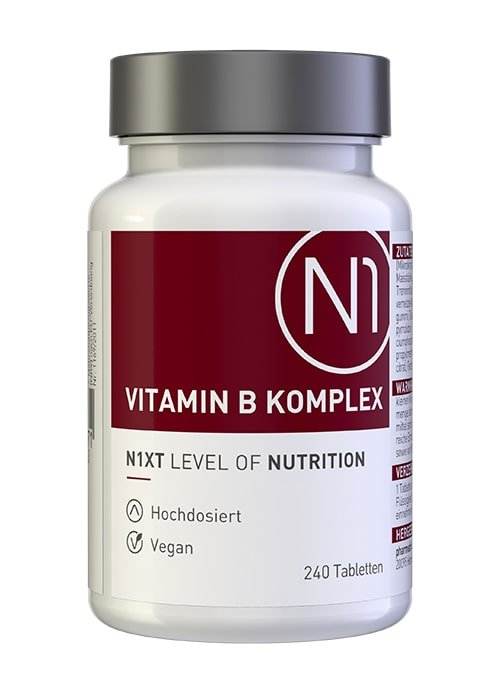 N1 Vitamin B Komplex, 240 vegane Tabletten, hochdosiert, in weißer Dose.