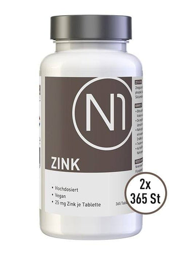 N1 ZINK 25mg, vegane Tabletten, 2x365 Stück, hochdosiert, apothekenqualitäts Zink, leicht zu schlucken.