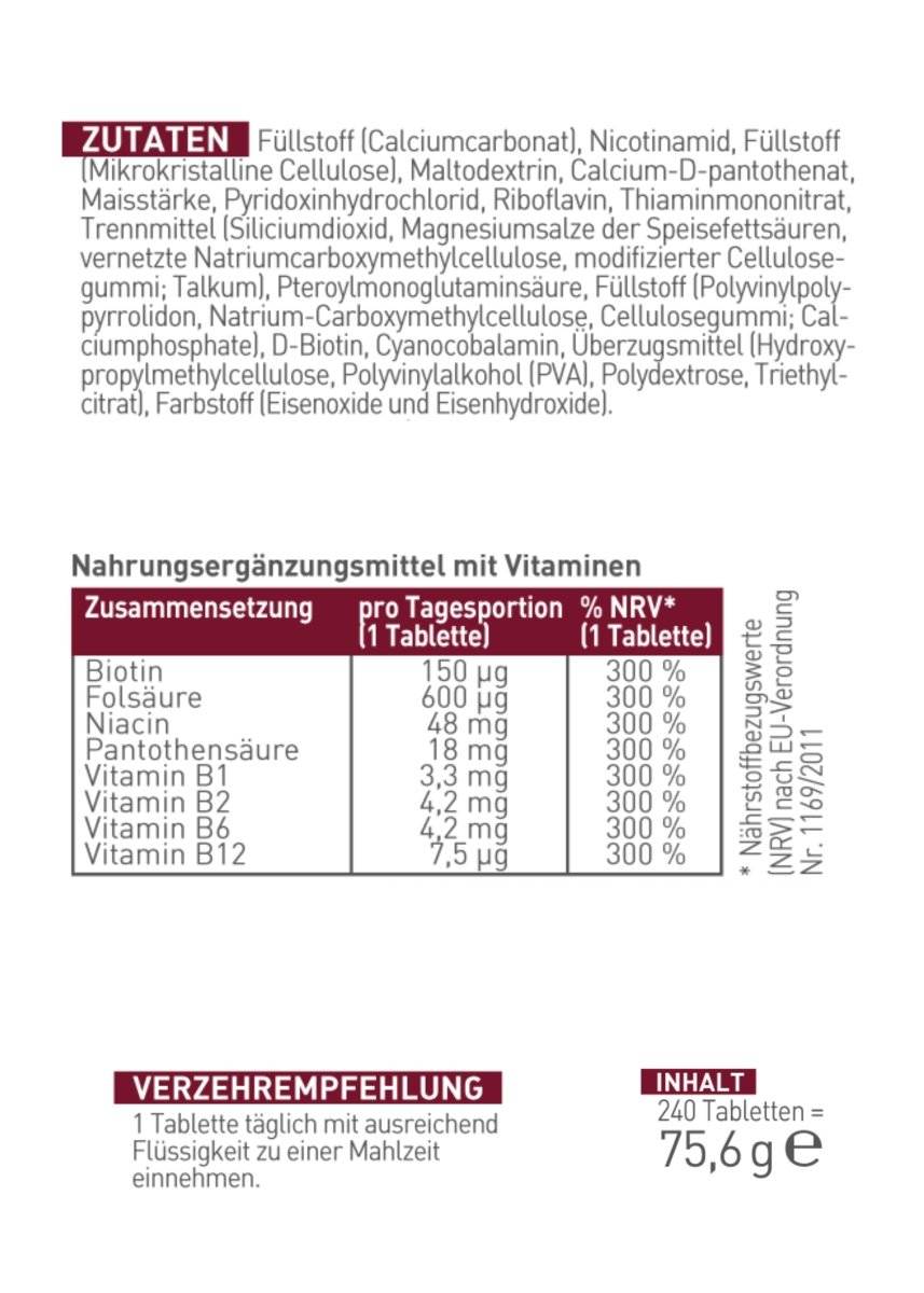 N1 Vitamin B Komplex, 240 vegane Tabletten, Zutaten und Nährwerte.