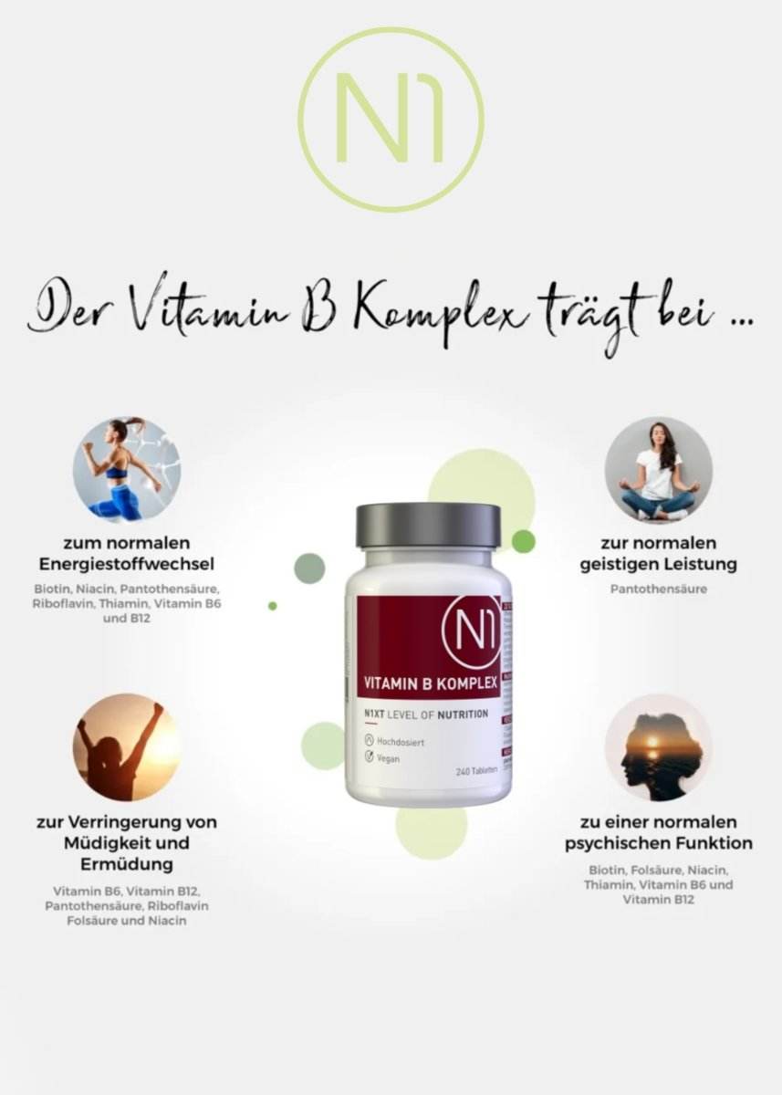 N1 Vitamin B Komplex, 240 vegane Tabletten für Energie, geistige Leistung und Müdigkeitsverringerung.