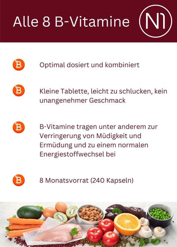 N1 Vitamin B Komplex, 240 vegane Tabletten, alle 8 B-Vitamine, optimal dosiert, keine Überdosierung, gegen Müdigkeit, Energiestoffwechsel.
