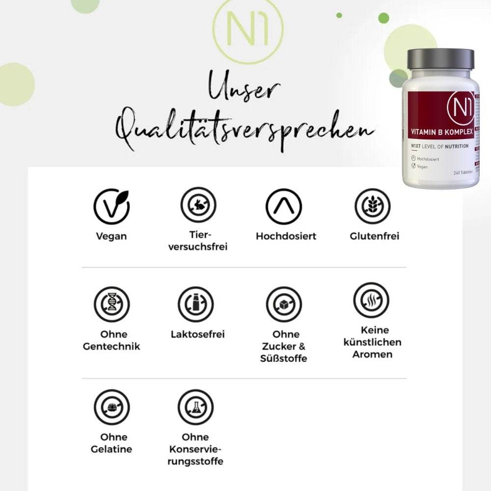 N1 Vitamin B Komplex, vegane Tabletten, hochdosiert, glutenfrei, laktosefrei, ohne künstliche Aromen, Apothekenqualität.