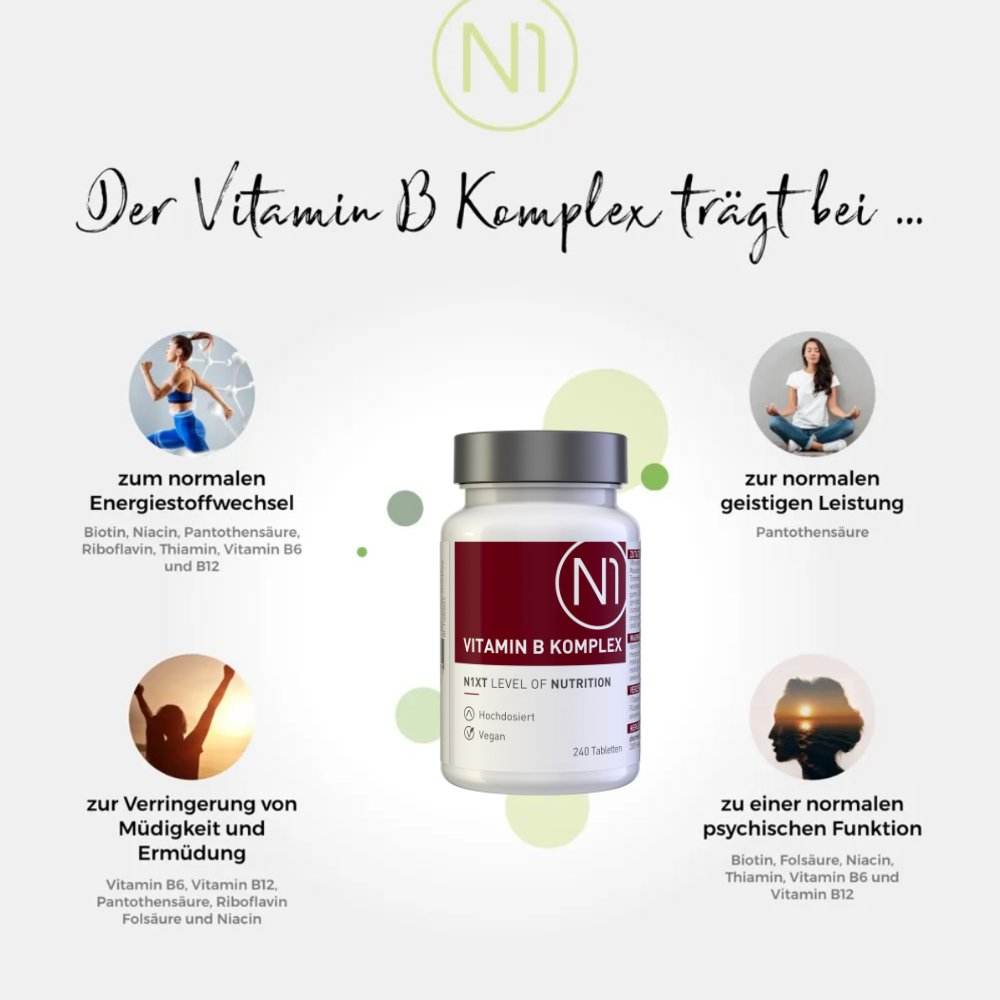 N1 Vitamin B Komplex Tablettenflasche, unterstützt Energiestoffwechsel und geistige Leistung, vegan und hochdosiert.