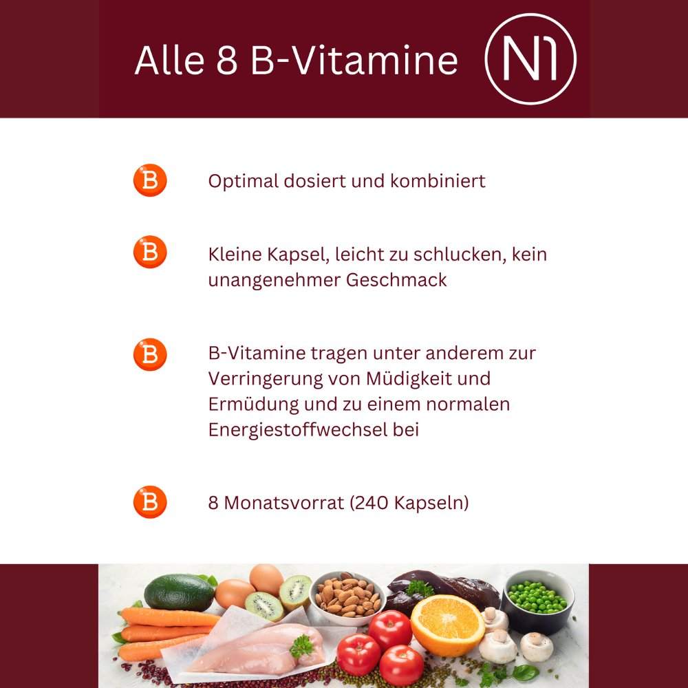 N1 Vitamin B Komplex, 8 B-Vitamine, 240 vegane Tabletten, optimale Dosierung, einfache Einnahme.