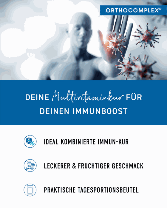 Orthocomplex IMMUN Boost Sachets für Immunsystem-Stärkung, ideal kombiniert, fruchtiger Geschmack, praktische Portionsbeutel.
