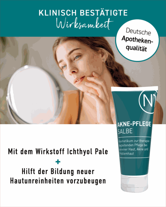 N1 Akne Pflege Salbe, 60ml Tube neben einer Frau, die in den Spiegel schaut, mit Hinweis auf klinisch bestätigte Wirksamkeit für unreine Haut.