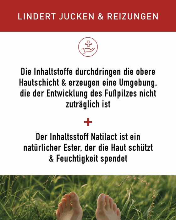N1 Fußpilz Gel lindert Jucken und Reizungen, schützt und spendet Feuchtigkeit mit Natilact.