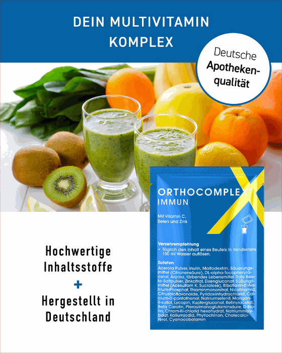 Orthocomplex IMMUN Boost Sachets mit Vitaminen, Früchten und Smoothies, deutsche Apothekenqualität.