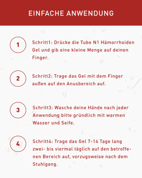 Einfache Anwendung des N1 Hämorrhoiden Gels in vier Schritten beschrieben.