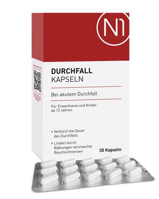 N1 Durchfall Kapseln, 30 Stück Packung zur Behandlung von akutem Durchfall, Apothekenqualität.