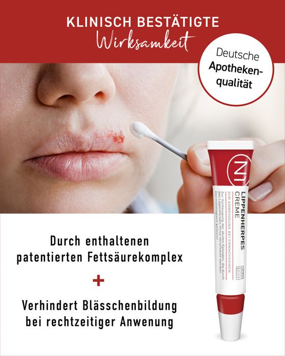 N1 Herpes Creme mit patentiertem Fettsäurekomplex, verhindert Bläschenbildung, deutsche Apothekenqualität.