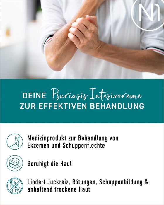 N1 Psoriasis Intensivcreme für effektive Behandlung von Ekzemen und Schuppenflechte, lindert Juckreiz und Rötungen.