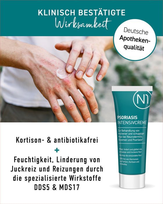 Psoriasis Intensivcreme, 50 ml Tube, feuchtigkeitsspendend, lindert Juckreiz und Reizungen, dermatologisch getestet, apothekenqualifiziert.