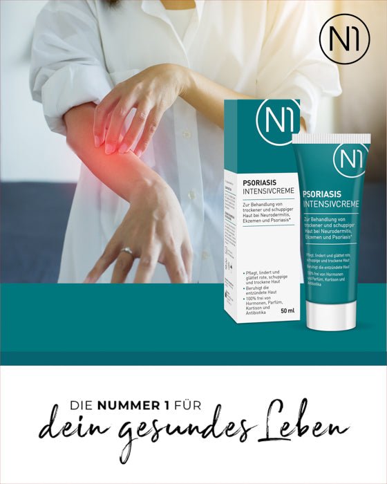 N1 Psoriasis Intensivcreme 50 ml für Psoriasis und Neurodermitis, Verpackung und Tube, lindert Juckreiz und Rötungen, hautfreundliche Formulierung.