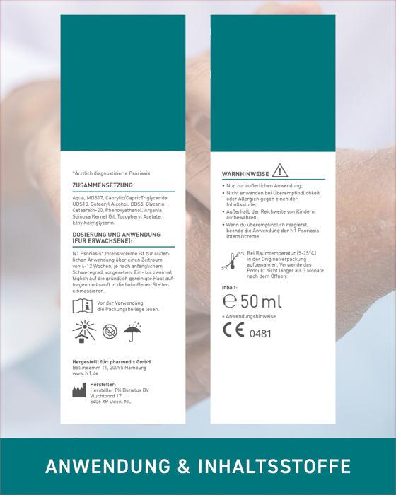 Psoriasis Intensivcreme 50 ml, Anwendungshinweise, Inhaltsstoffe, medizinische Creme gegen Neurodermitis und Schuppenflechte.