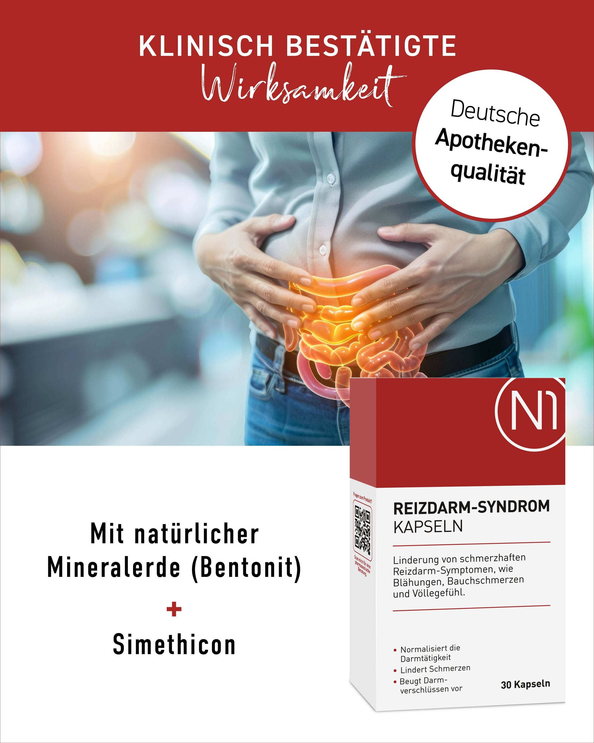 Reizdarm Kapseln Einnahme und Wirkung in vier Schritten erklärt mit Illustrationen.