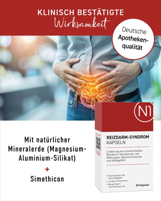 N1 Reizdarm Kapseln zur Linderung von Reizdarm-Symptomen, mit natürlicher Mineralerde und Simethicon, deutsche Apothekenqualität.