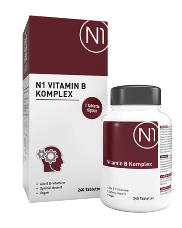 N1 Vitamin B Komplex, 240 vegane Tabletten, hochdosiert, in weißer Dose.