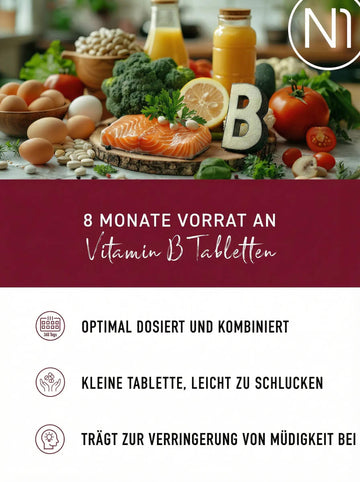 N1 Vitamin B Komplex, 240 vegane Tabletten, hochdosiert, in weißer Dose.