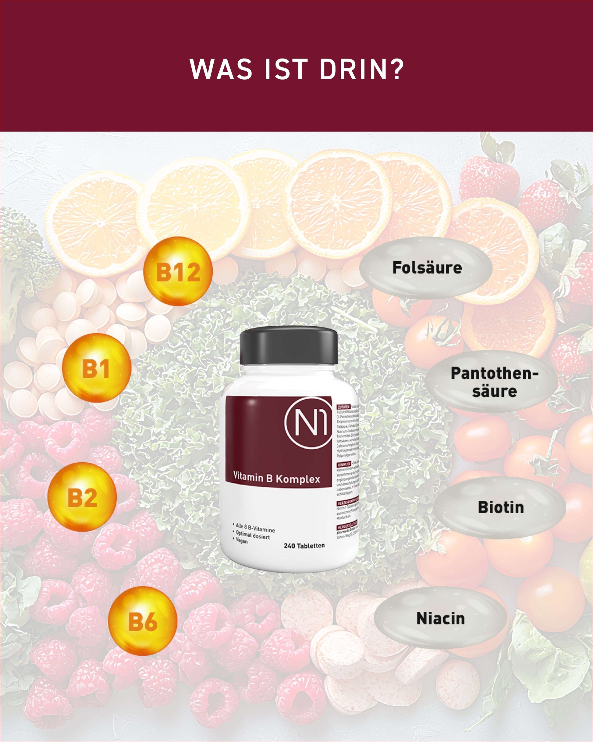 N1 Vitamin B Komplex, 240 vegane Tabletten, hochdosiert, in weißer Dose.