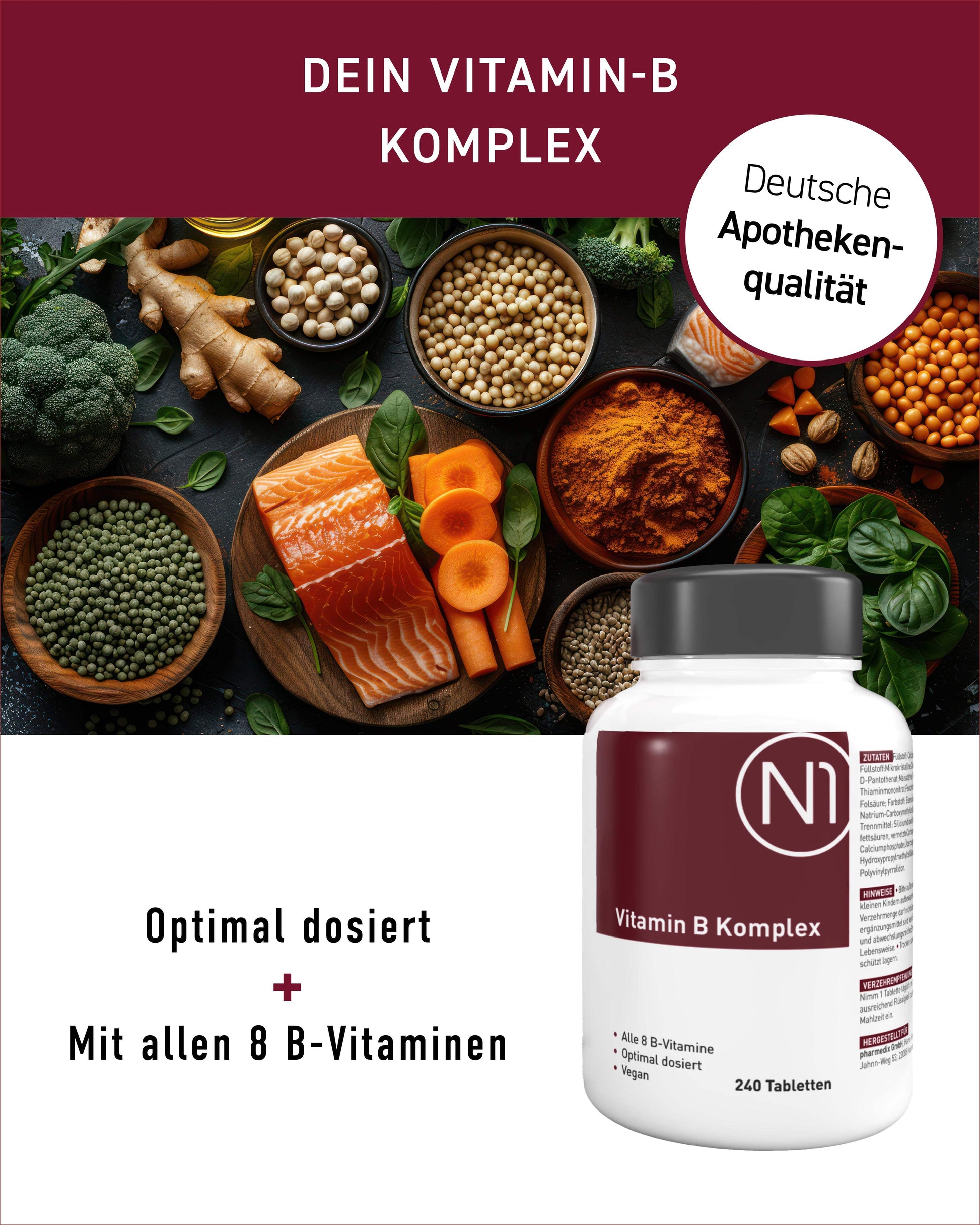 N1 Vitamin B Komplex, 240 vegane Tabletten, hochdosiert, in weißer Dose.