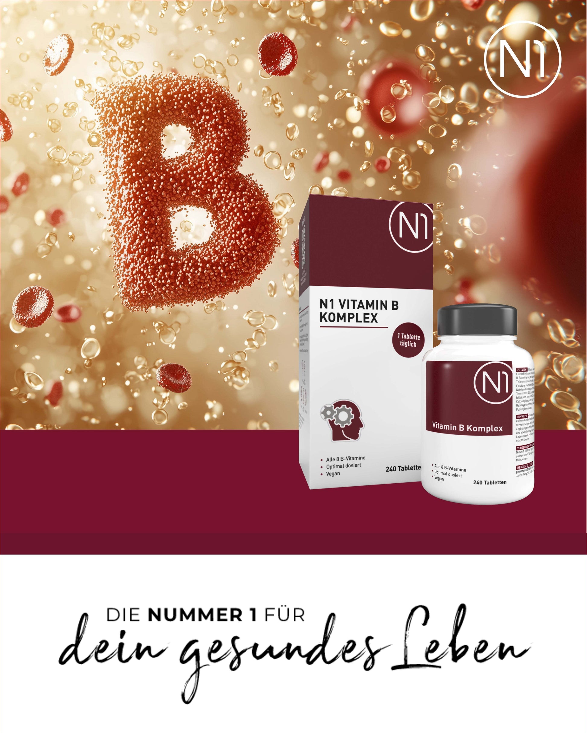 N1 Vitamin B Komplex, 240 vegane Tabletten, hochdosiert, in weißer Dose.