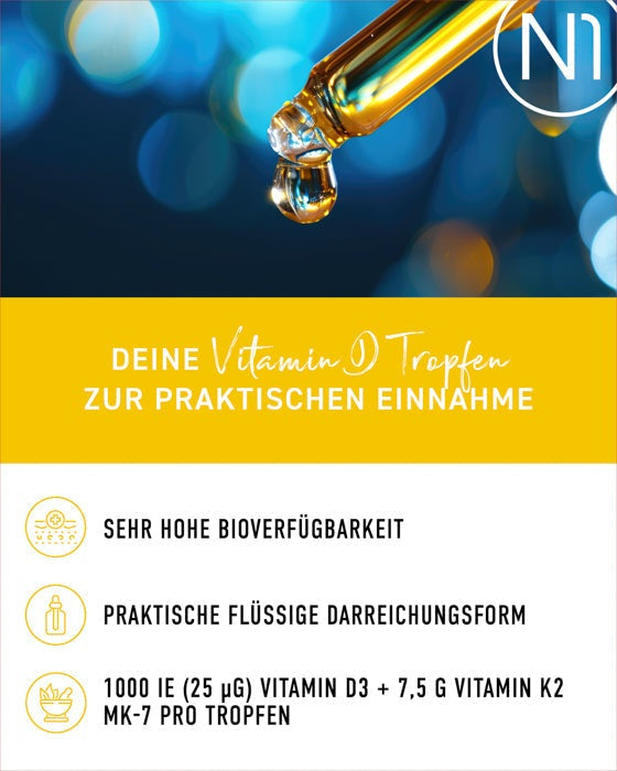 Vitamin D3 K2 Tropfen, hochdosiert, 1000 IE, 25 µg D3 und 7,5 µg K2, Bioverfügbarkeit, MCT-Öl, vegetarisch, Apothekenqualität.