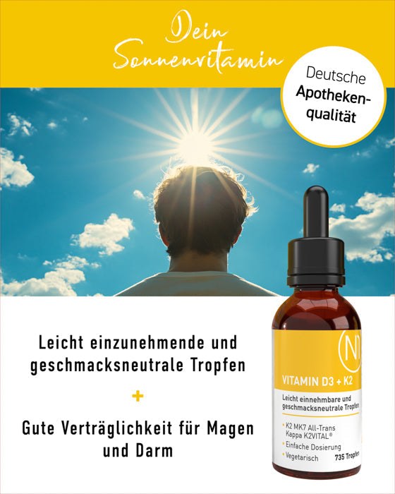 Vitamin D3 K2 Tropfen, deutsche Apothekenqualität, leicht einnehmbar, geschmacksneutral, hohe Verträglichkeit.