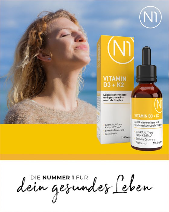 N1 Vitamin D3 K2 Tropfen mit Verpackung, ideal für Vegetarier, hohe Bioverfügbarkeit mit MCT-Öl.