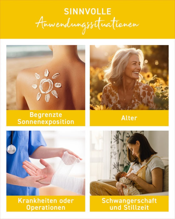 Sinnvolle Anwendungssituationen von Vitamin D3 K2 Tropfen, einschließlich begrenzter Sonnenexposition, Alter, Krankheiten oder Operationen, Schwangerschaft und Stillzeit.