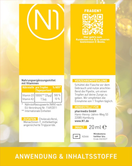 N1 Vitamin D3 K2 Tropfen, 2x20ml, hochwertige Apothekerqualität, hochdosiert mit MCT-Öl, geeignet für Vegetarier.