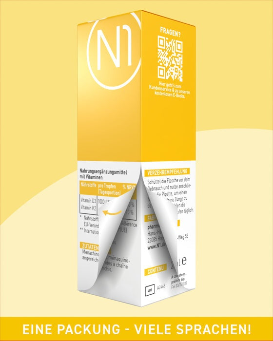 N1 Vitamin D3 K2 Tropfen, 3x20ml, Nahrungsergänzungsmittel in Apothekerqualität, geeignet für Vegetarier.