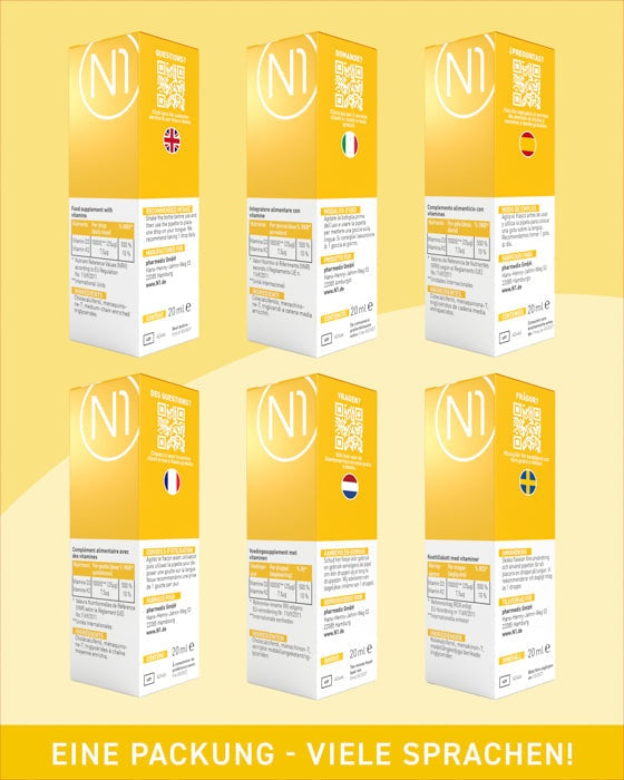 N1 Vitamin D3 K2 Tropfen Verpackung in verschiedenen Sprachen, 2x20ml Flaschen.
