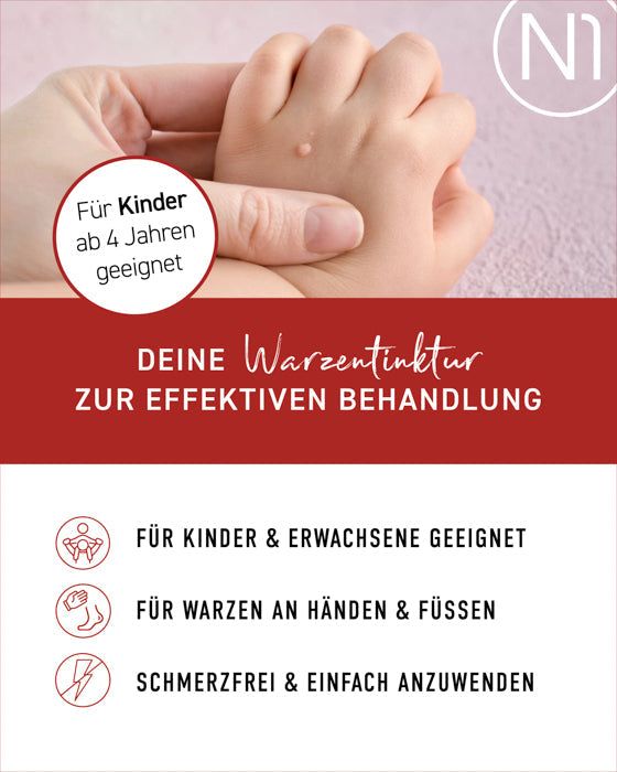 N1 Warzen Tinktur für schmerzfreie Warzenentfernung an Händen und Füßen, geeignet für Kinder ab 4 Jahren.