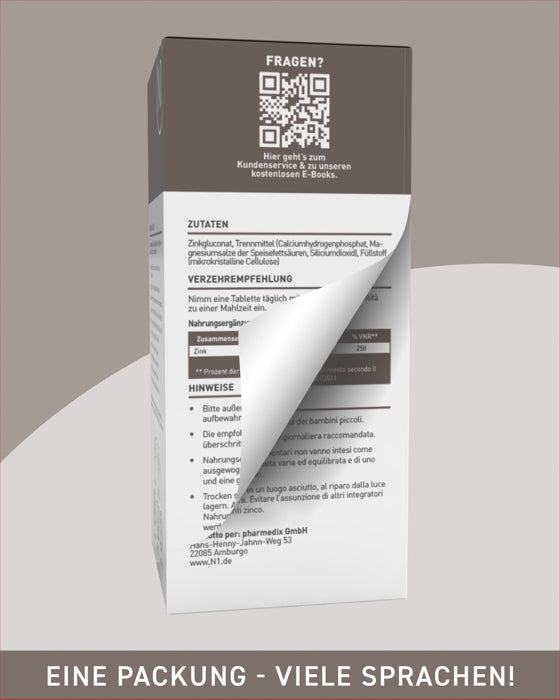 Verpackung von N1 ZINK 25mg Tabletten mit Zutatenliste und Anwendungshinweisen in mehreren Sprachen.